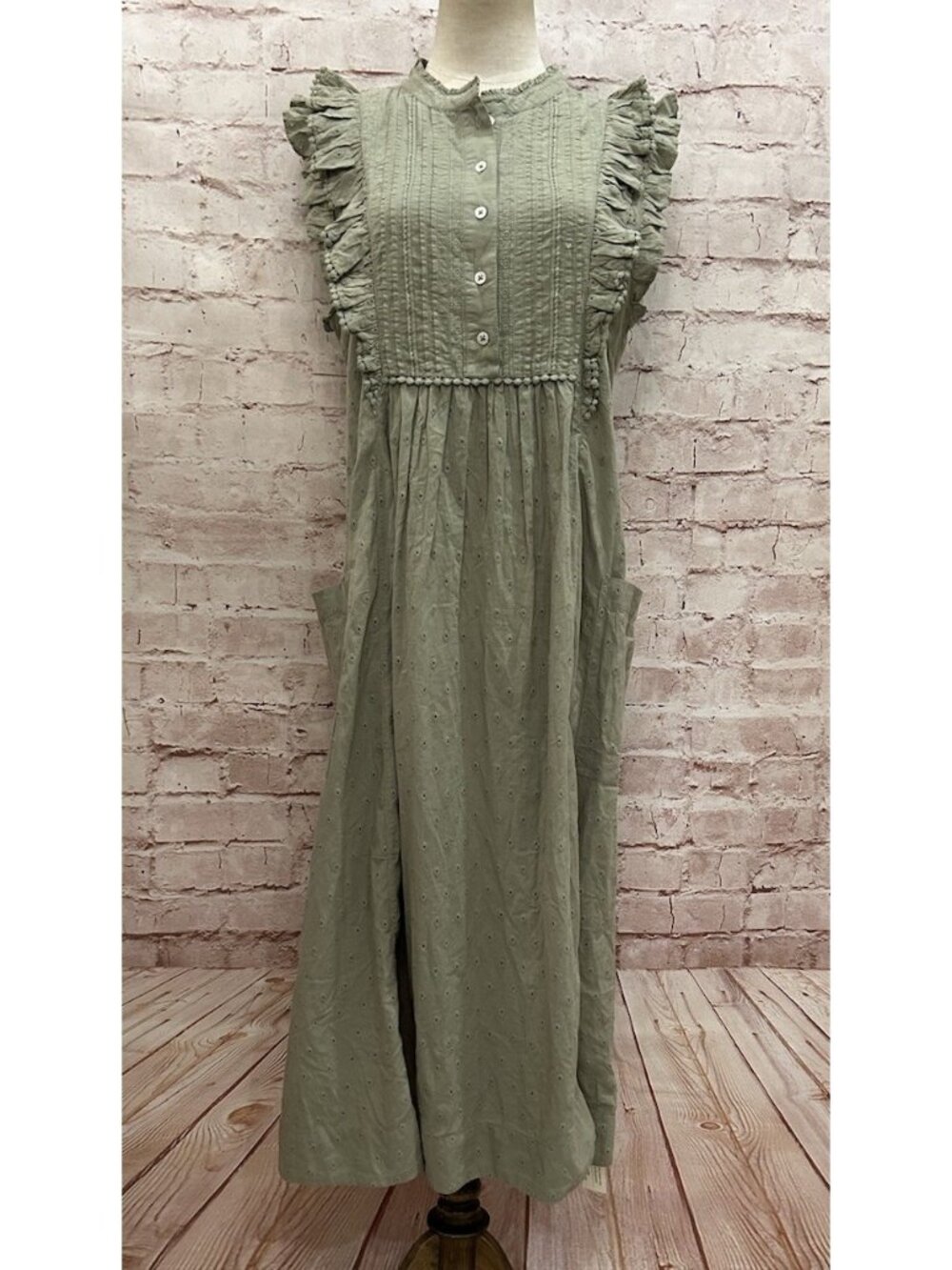 Wrap London Eyelet Embroidered Ruffle Sleeveless Midi Dress Green Size US 8 NEW